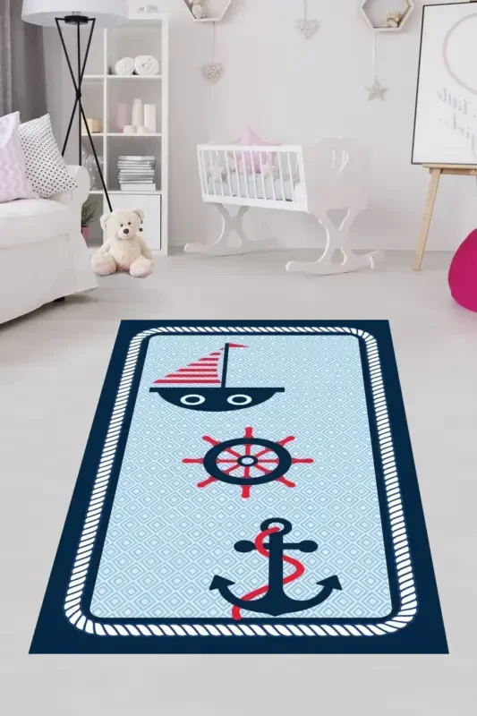 Gemici Desenli Dümen Çapa Dijital Baskı Yıkanabilir Kaymaz Taban Yıkanır Çocuk Odası Denizci Halısı-Lacivert - PELANGI