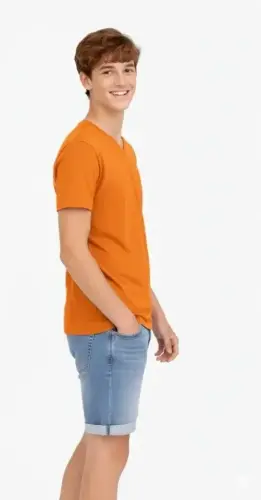 Genç Erkek Çocuk V Yaka Tişört Yazlık Model Günlük Basic Body - Turuncu - 2