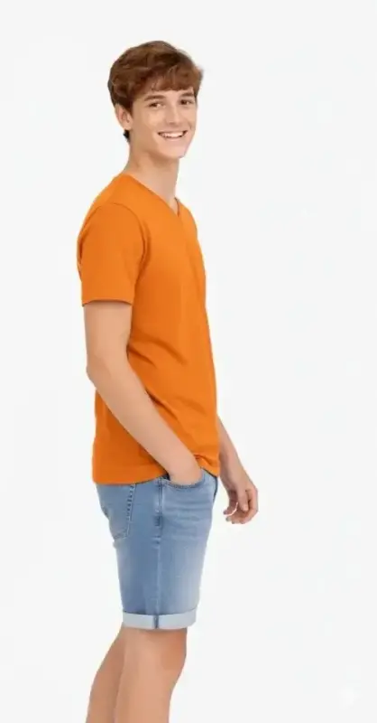 Genç Erkek Çocuk V Yaka Tişört Yazlık Model Günlük Basic Body - Turuncu - 2