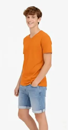 Genç Erkek Çocuk V Yaka Tişört Yazlık Model Günlük Basic Body - Turuncu - 3