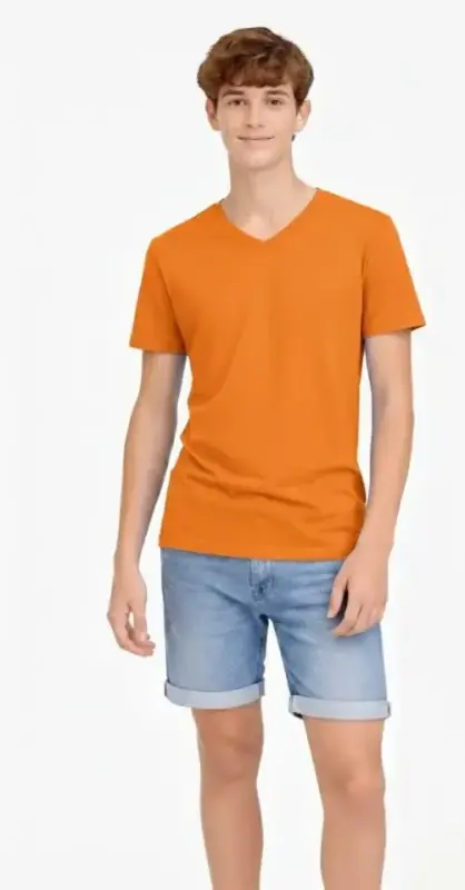 Genç Erkek Çocuk V Yaka Tişört Yazlık Model Günlük Basic Body - Turuncu - BÜYÜKBEDENIZ