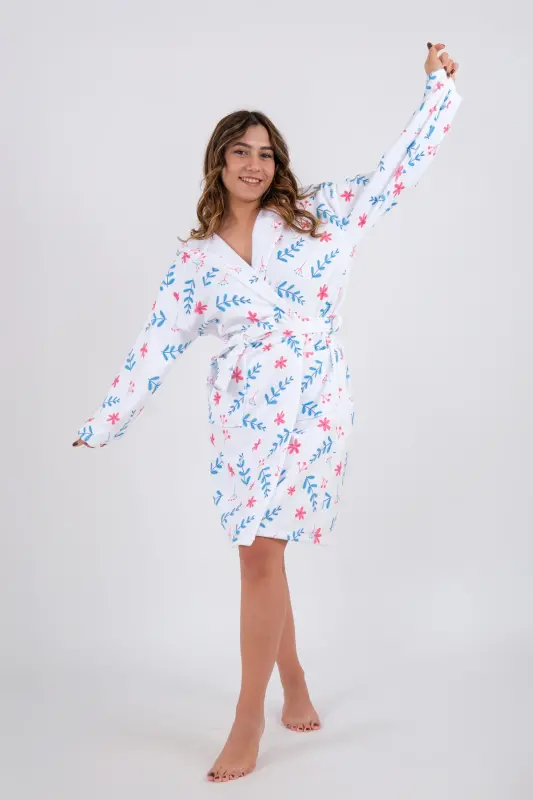 Genç Kız Kapşonlu Baskılı Bornoz - Beyaz-Turkuaz - 2