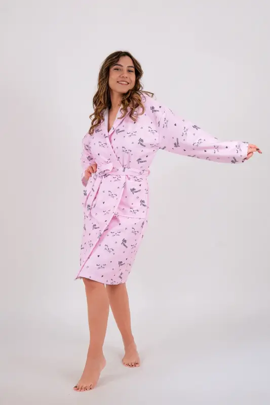 Genç Kız Kapşonlu Baskılı Bornoz - Pembe-Siyah - 5