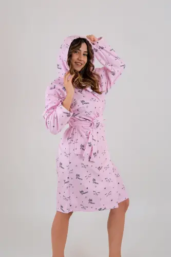 Genç Kız Kapşonlu Baskılı Bornoz - Pembe-Siyah - 3