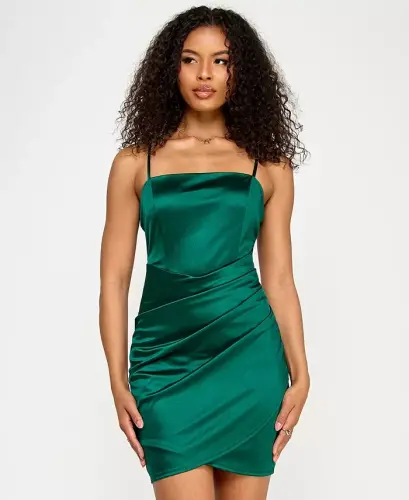 Juniors' Satin Wrap-Front Ruched Bodycon - Hunter - 1