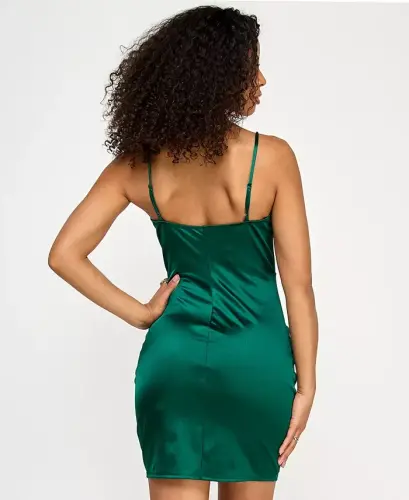 Juniors' Satin Wrap-Front Ruched Bodycon - Hunter - EMERALD SUNDAE (1)
