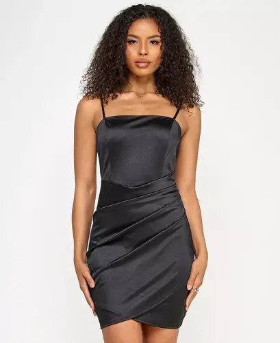 Juniors' Satin Wrap-Front Ruched Bodycon - Black 