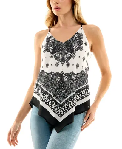 Juniors' Printed Handkerchief-Hem Sleeveless Top-Pat P - 1