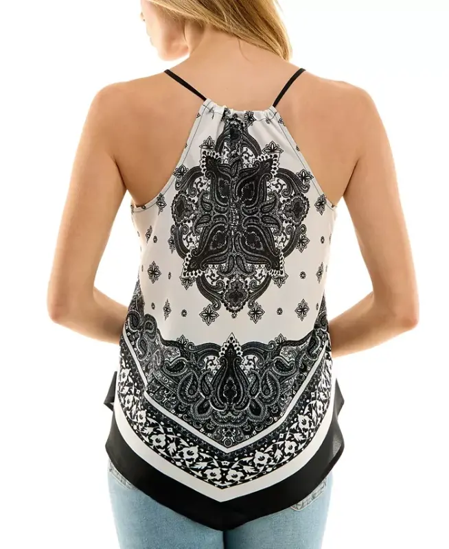 Juniors' Printed Handkerchief-Hem Sleeveless Top-Pat P - 2