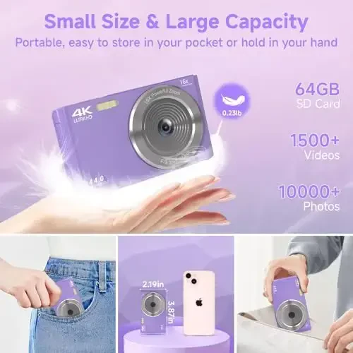 Digital Camera for Teens, FHD 4K 44MP Digital Camera Purple with 64GB SD Card 16X Digital Zoom, Cameras for Photography Compact Point and Shoot Camera for Teen Boys Girls Kids Camera Digital Purple - 5
