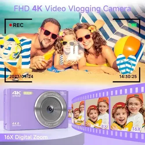 Digital Camera for Teens, FHD 4K 44MP Digital Camera Purple with 64GB SD Card 16X Digital Zoom, Cameras for Photography Compact Point and Shoot Camera for Teen Boys Girls Kids Camera Digital Purple - 4
