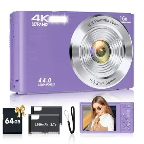 Digital Camera for Teens, FHD 4K 44MP Digital Camera Purple with 64GB SD Card 16X Digital Zoom, Cameras for Photography Compact Point and Shoot Camera for Teen Boys Girls Kids Camera Digital Purple - 6
