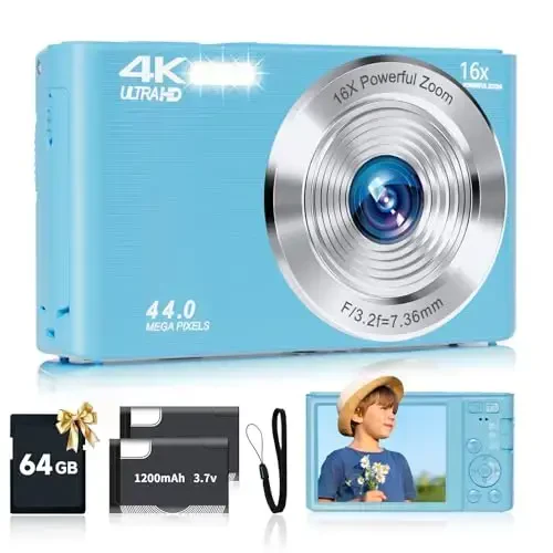SMARTKLIK Digital Camera for Teens, FHD 4K 44MP with 64GB SD Card, 16X Digital Zoom, Compact Point Shoot Camera Blue - SMARTKLIK