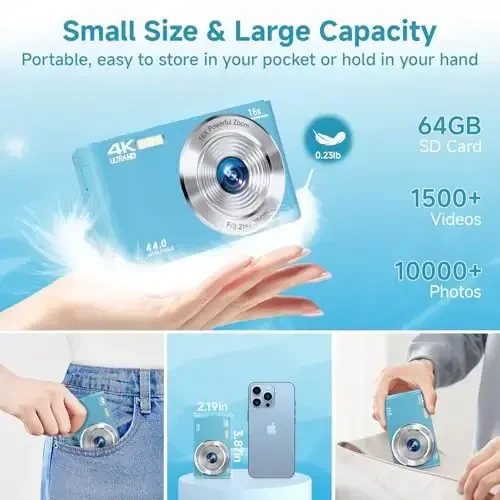 SMARTKLIK Digital Camera for Teens, FHD 4K 44MP with 64GB SD Card, 16X Digital Zoom, Compact Point Shoot Camera Blue - 5