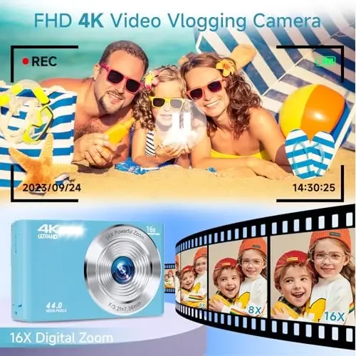 SMARTKLIK Digital Camera for Teens, FHD 4K 44MP with 64GB SD Card, 16X Digital Zoom, Compact Point Shoot Camera Blue - 3