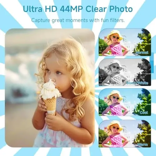SMARTKLIK Digital Camera for Teens, FHD 4K 44MP with 64GB SD Card, 16X Digital Zoom, Compact Point Shoot Camera Blue - 4