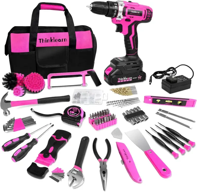Generic Pink Tool Kit with 20V Cordless Drill(265in-lbs), Pink Drill Set for Women,Lady's Home Tool Kit for DIY - 6