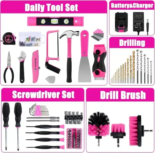 Generic Pink Tool Kit with 20V Cordless Drill(265in-lbs), Pink Drill Set for Women,Lady's Home Tool Kit for DIY - 7