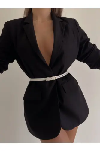 Geniş Gold Tokalı Ince Kadın Kemeri, Ceket Kemeri, Elbise Kemeri, Gömlek Kemeri - BEYAZ - 4
