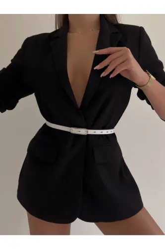 Geniş Gold Tokalı Ince Kadın Kemeri, Ceket Kemeri, Elbise Kemeri, Gömlek Kemeri - BEYAZ - 5