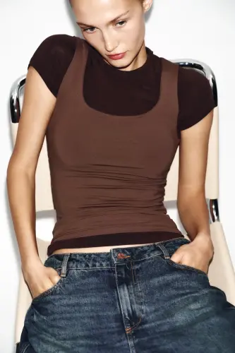 GENİŞ ASKILI POLİAMİT T-SHIRT-Çikolata - ZARA (1)