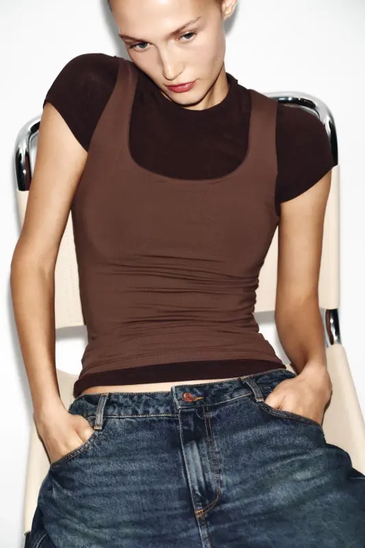 GENİŞ ASKILI POLİAMİT T-SHIRT-Çikolata - 2