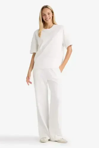 Wide Leg Geniş Bol Paça Eşofman Altı Beli Lastikli Cepli Basic Düz-Ekru 