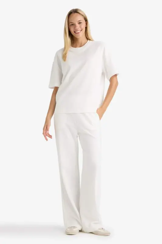 Wide Leg Geniş Bol Paça Eşofman Altı Beli Lastikli Cepli Basic Düz-Ekru - 1