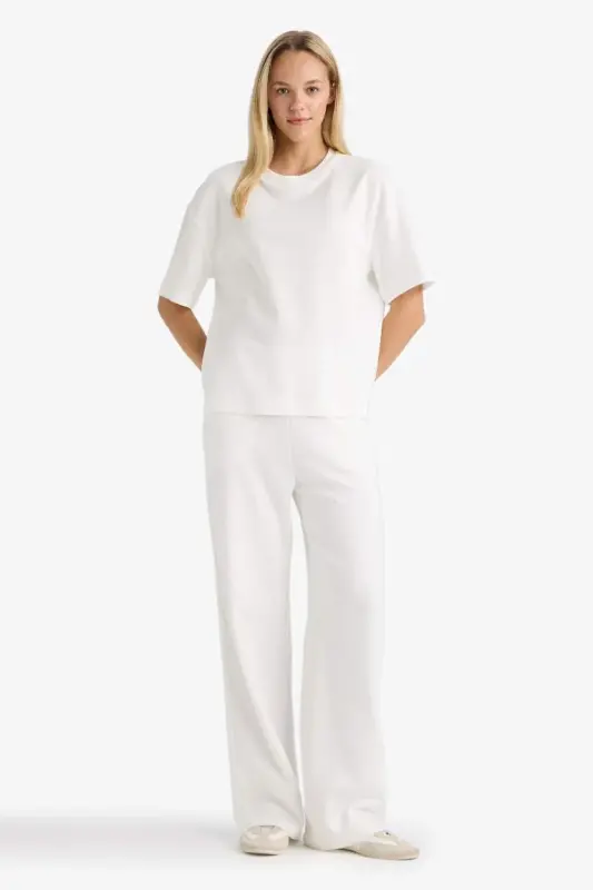 Wide Leg Geniş Bol Paça Eşofman Altı Beli Lastikli Cepli Basic Düz-Ekru - 3