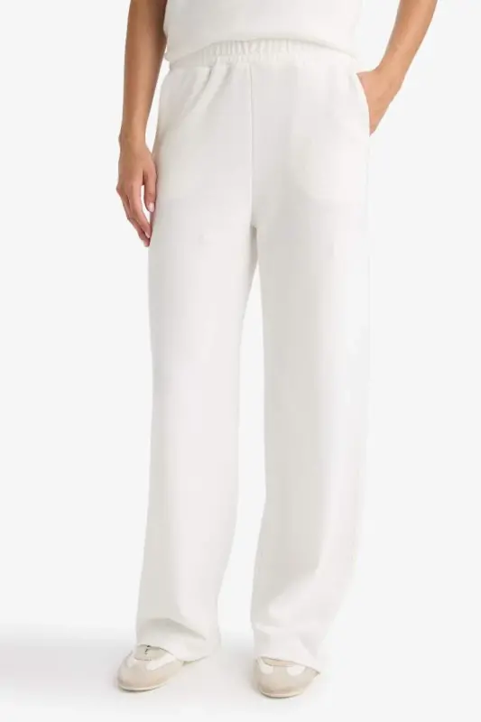 Wide Leg Geniş Bol Paça Eşofman Altı Beli Lastikli Cepli Basic Düz-Ekru - 5