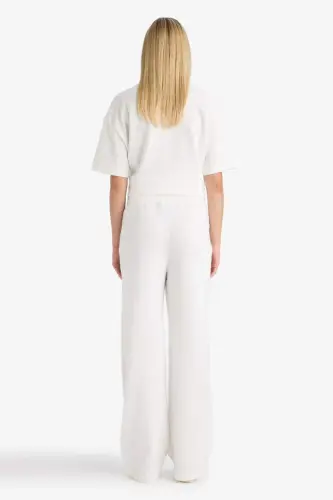 Wide Leg Geniş Bol Paça Eşofman Altı Beli Lastikli Cepli Basic Düz-Ekru - 7