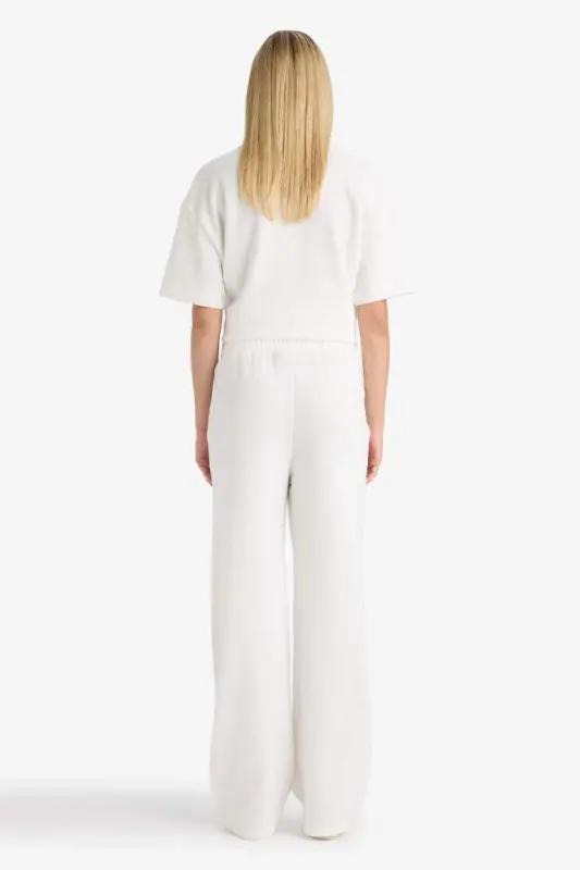 Wide Leg Geniş Bol Paça Eşofman Altı Beli Lastikli Cepli Basic Düz-Ekru - 7