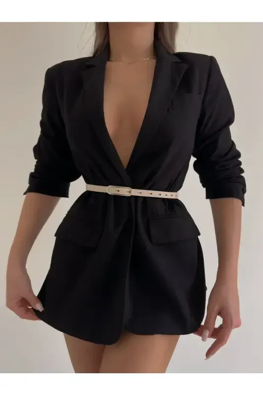 Geniş Gold Tokalı Ince Kadın Kemeri, Ceket Kemeri, Elbise Kemeri, Gömlek Kemeri-BEJ - 2