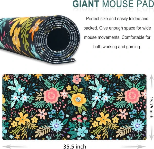 Extended Gaming Mouse Pad, 35.5x15.75 Non-Slip Large Desk Pad Mousepad with Stitched Edges Waterproof Keyboard Mouse Mat Desk Protector for Game, Office and Home, Black Blooming Flowers-BLUISH - HEQIANCO (1)