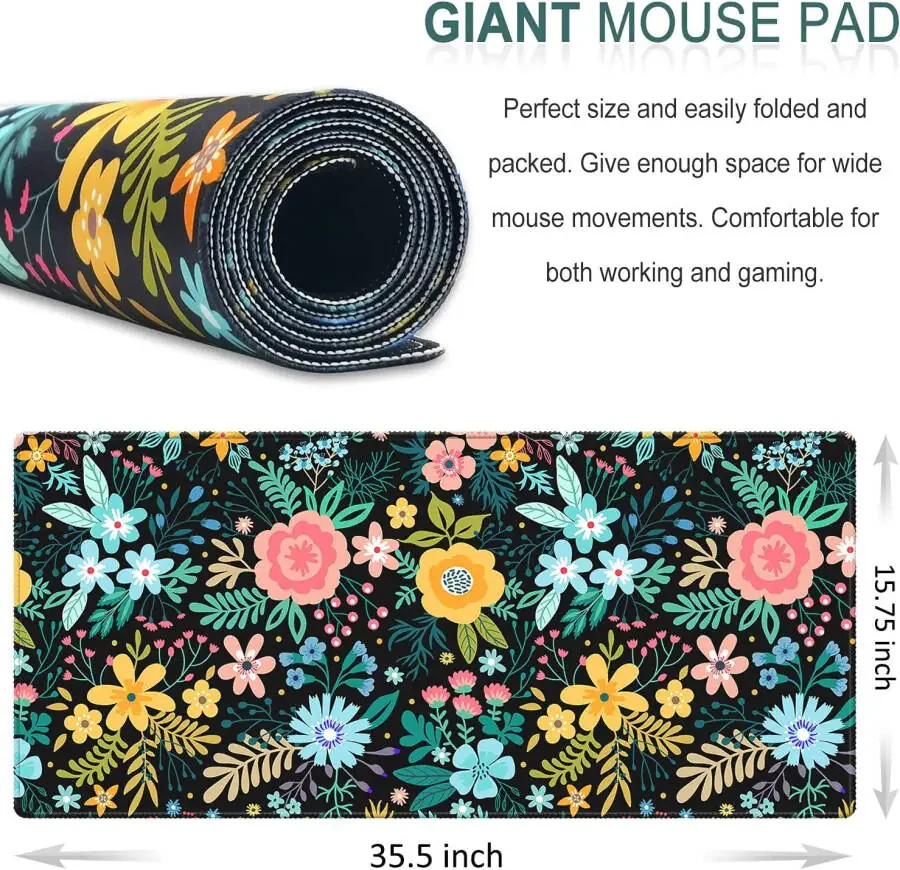 Extended Gaming Mouse Pad, 35.5x15.75 Non-Slip Large Desk Pad Mousepad with Stitched Edges Waterproof Keyboard Mouse Mat Desk Protector for Game, Office and Home, Black Blooming Flowers-BLUISH - 2