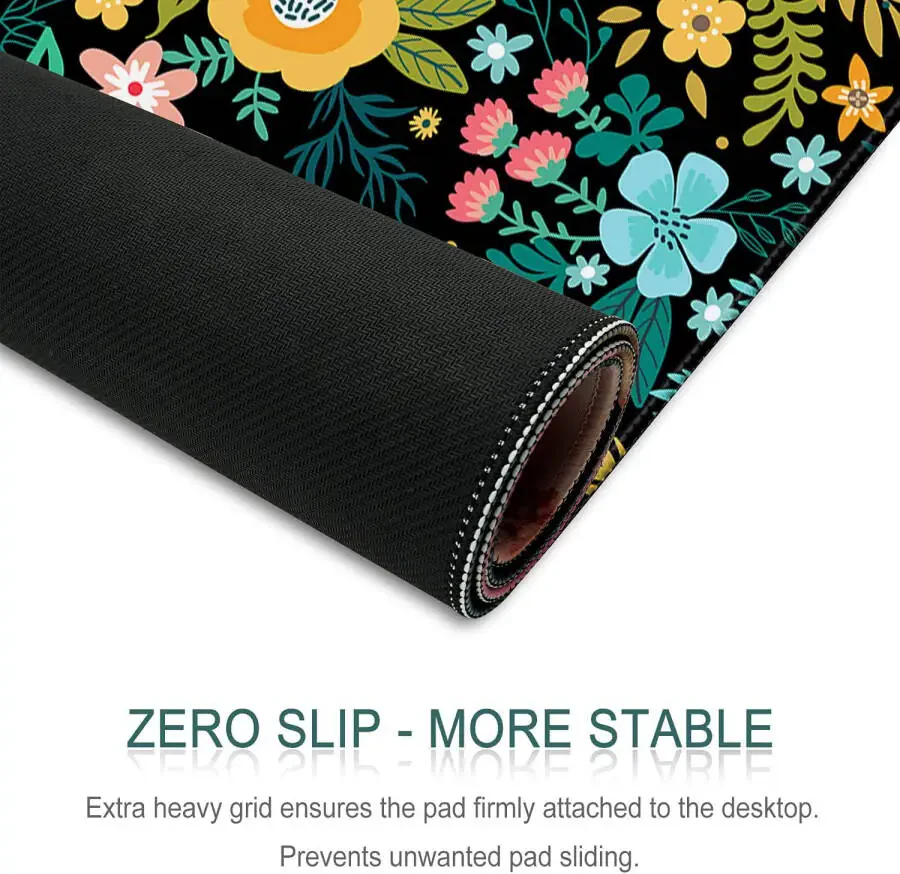 Extended Gaming Mouse Pad, 35.5x15.75 Non-Slip Large Desk Pad Mousepad with Stitched Edges Waterproof Keyboard Mouse Mat Desk Protector for Game, Office and Home, Black Blooming Flowers-BLUISH - 5