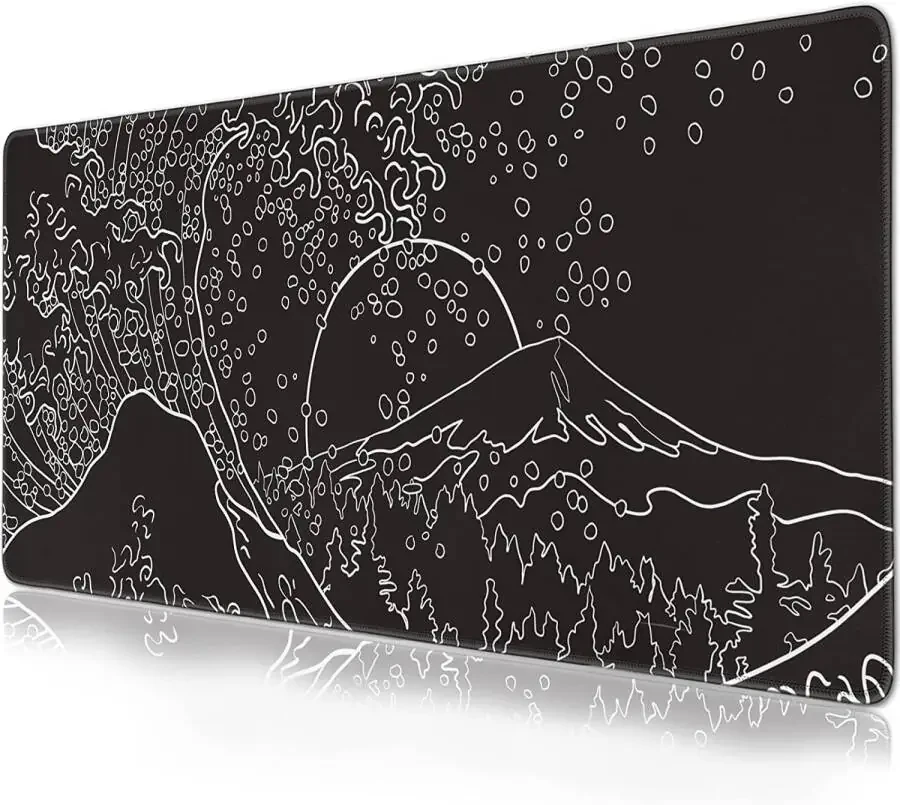 Japanese Waves sea Mouse Pad Extended Gaming Mouse Pad XXXXL Large Black and White Non-Slip Rubber Base Desk Protector with Stitched Edges Full Desk Mousepad 47.3x23.6 in-WHITE-4 - 1