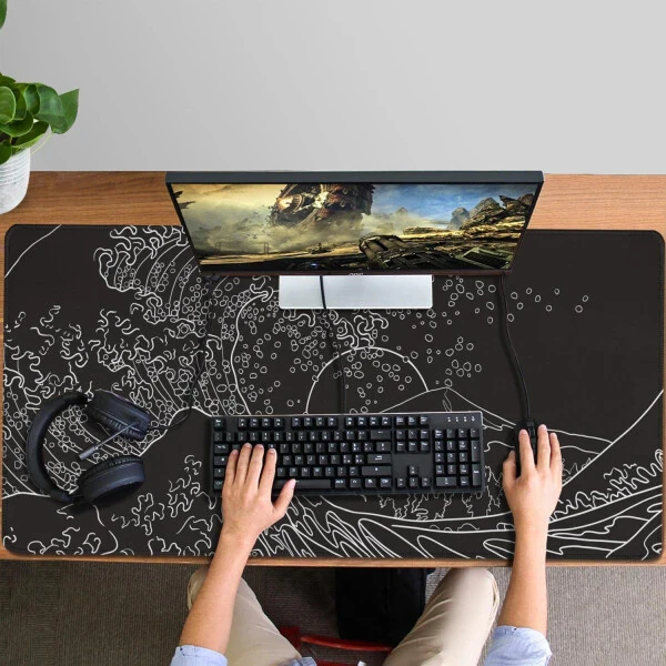 Japanese Waves sea Mouse Pad Extended Gaming Mouse Pad XXXXL Large Black and White Non-Slip Rubber Base Desk Protector with Stitched Edges Full Desk Mousepad 47.3x23.6 in-WHITE-4 - 3