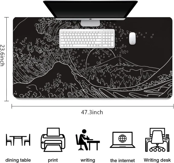 Japanese Waves sea Mouse Pad Extended Gaming Mouse Pad XXXXL Large Black and White Non-Slip Rubber Base Desk Protector with Stitched Edges Full Desk Mousepad 47.3x23.6 in-WHITE-4 - 5