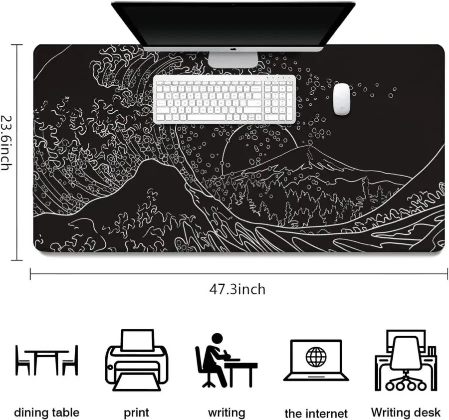 Japanese Waves sea Mouse Pad Extended Gaming Mouse Pad XXXXL Large Black and White Non-Slip Rubber Base Desk Protector with Stitched Edges Full Desk Mousepad 47.3x23.6 in-WHITE-4 - 5