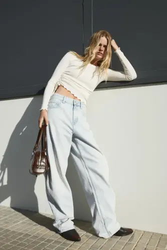 Yüksek bel geniş paça barrel fit jean - 1