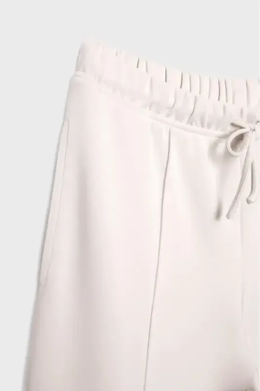 Dikiş detaylı ve yumuşak dokulu geniş paça pantolon-Krem rengi - 8