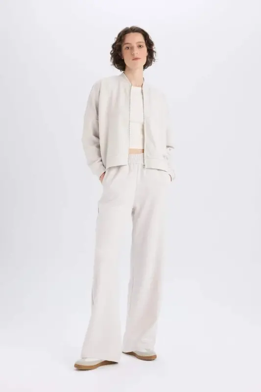 Wide Leg İnce Eşofman Altı Basic Düz Cepli Beli Lastikli Soft Touch Geniş Bol Paça-Taş - 3