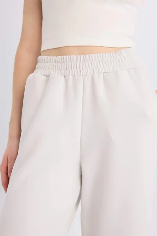 Wide Leg İnce Eşofman Altı Basic Düz Cepli Beli Lastikli Soft Touch Geniş Bol Paça-Taş - 5