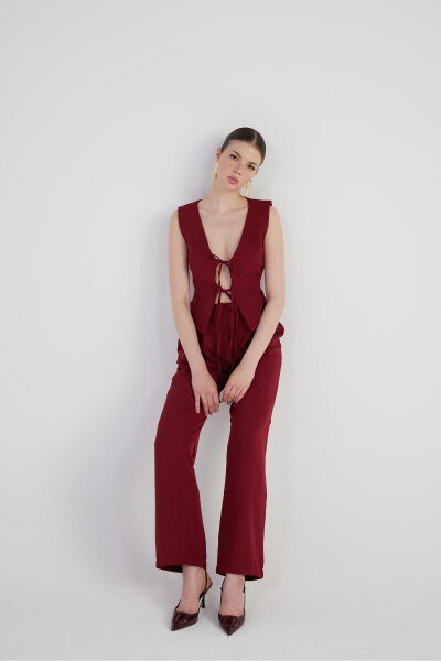 Geniş Paça Pilili Yüksek Bel Palazzo Giselle Pantolon Bordo-Bordo - 4