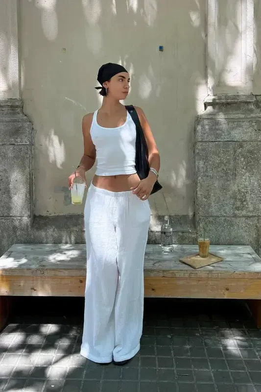 Geniş paça rustik pantolon-Beyaz - 1