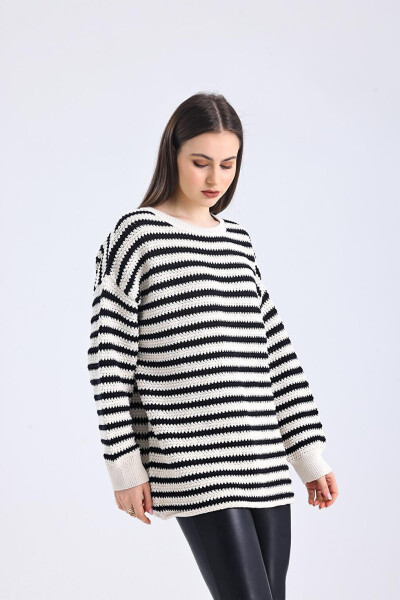 Genova - Boat Neck Relaxed Fit Striped Knit Sweater - Black Stripe Color - 12