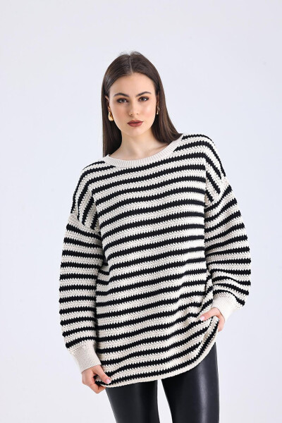 Genova - Boat Neck Relaxed Fit Striped Knit Sweater - Black Stripe Color - 13