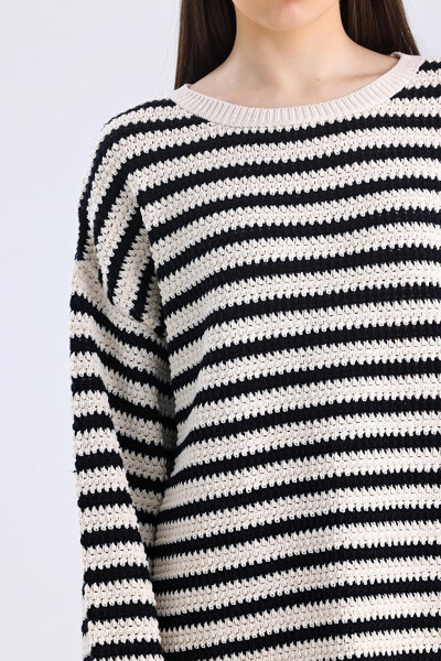 Genova - Boat Neck Relaxed Fit Striped Knit Sweater - Black Stripe Color - 14