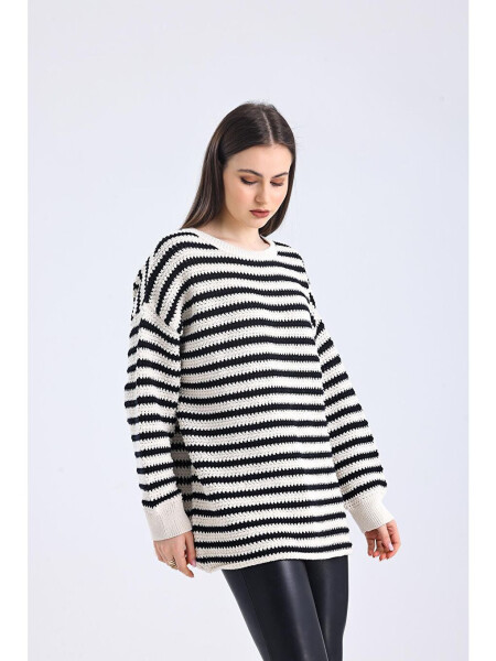 Genova - Boat Neck Relaxed Fit Striped Knit Sweater - Black Stripe Color - 7